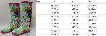 Das Gummisteife-Paar ist zusehen. Bunt mit dem Hundemotiv Hazel, daneben sieht man die Gröen Tabelle mit CM Maßangabe.