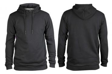 ein Schwarzer Hoodie, Kapuzenpulli ist von vorne und von hinten dargestellt. Vorne befindet sich auf Bauchhöhe eine Tasche