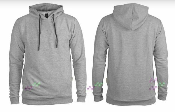 ein Grauer Hoodie, Kapuzenpulli ist von vorne und von hinten dargestellt. Vorne befindet sich auf Bauchhöhe eine Tasche